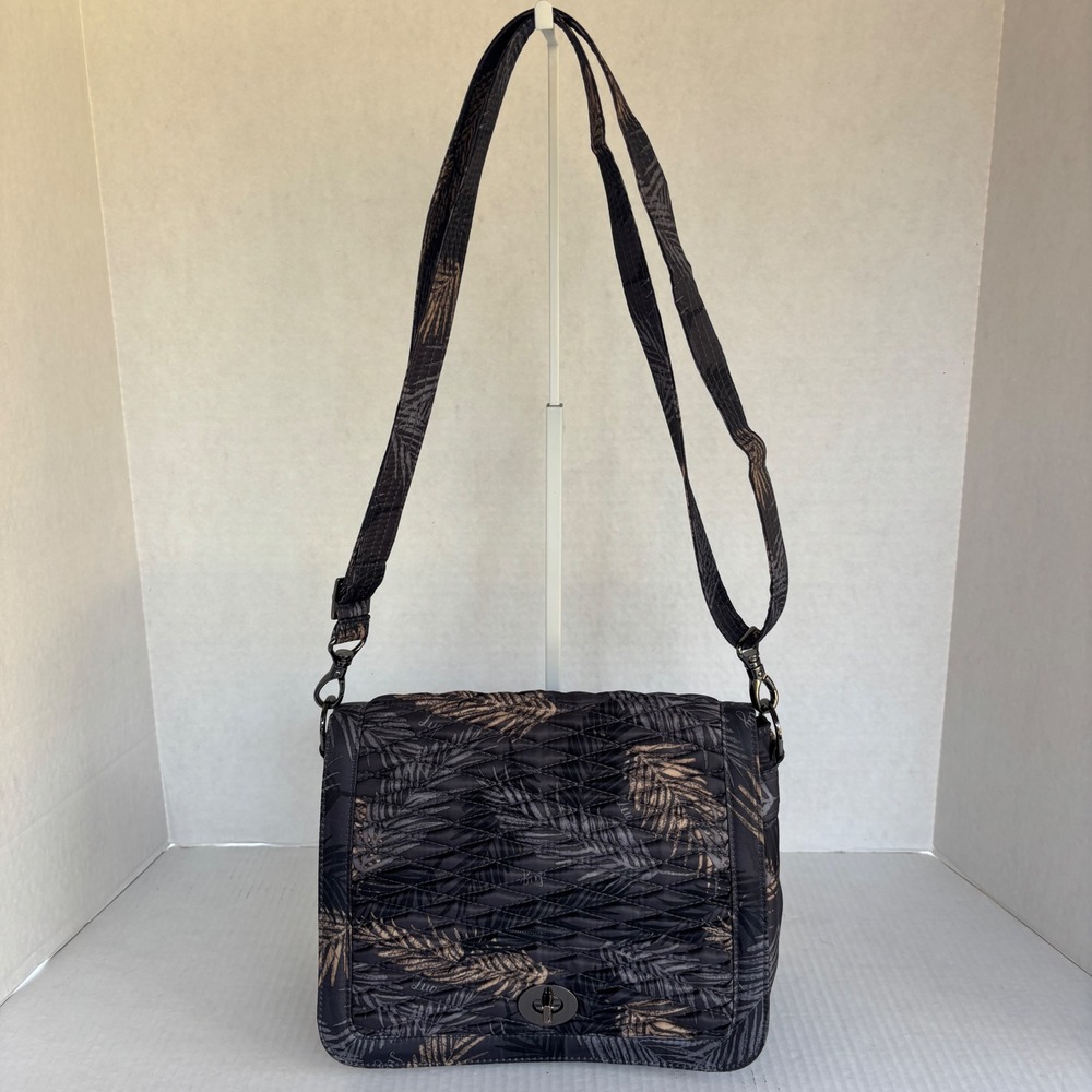 Lug Presto Quilted Crossbody Bag Tropical Palm Leaf Black Grey Tan Adj Strap